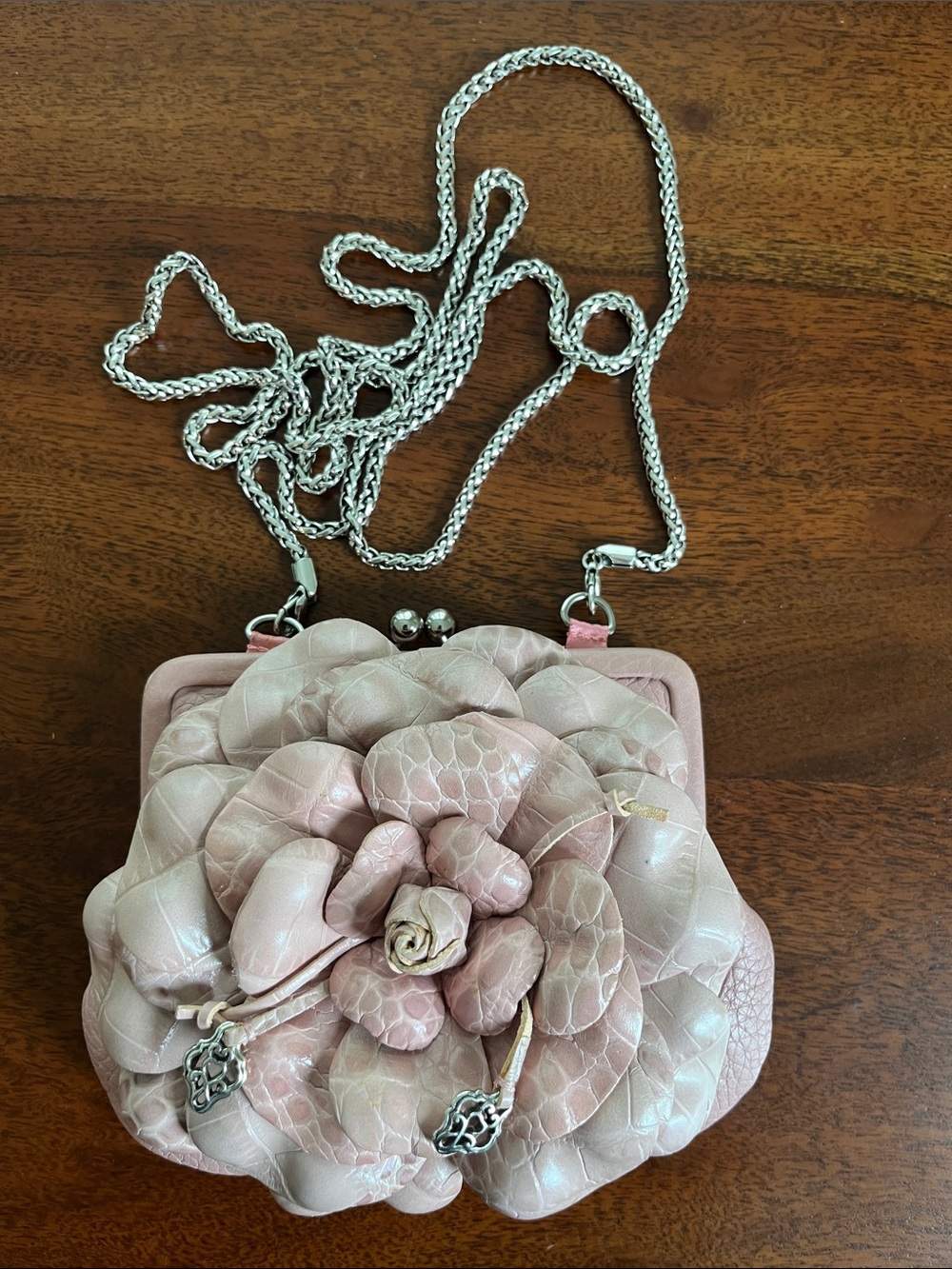 Vintage Brighton "Roselie" Pink Leather 3D Flower Crossbody Pouch Bag